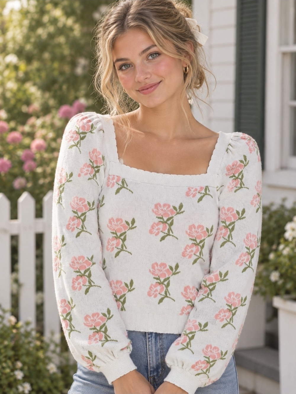 Willow & Wind Cropped Scalloped Neck Puff Sleeve Pink Rose Pattern Sweater L